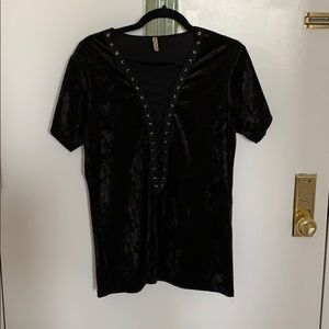 Black velvet lace up v neck tee